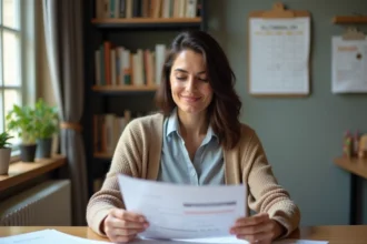 Femme d'âge moyen dans un bureau cosy organise ses estimations