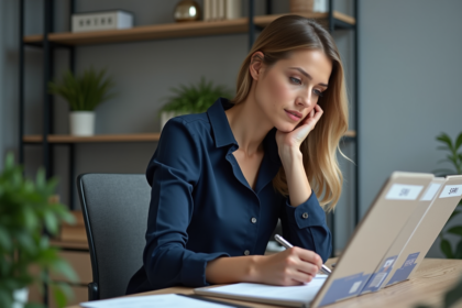 Femme professionnelle en bureau examinant dossiers SRI et SRRI