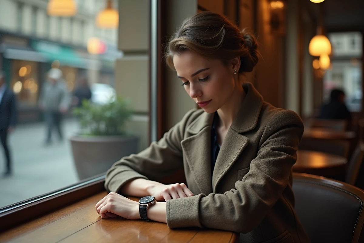 Femme assise au café regardant sa montre à 14h14