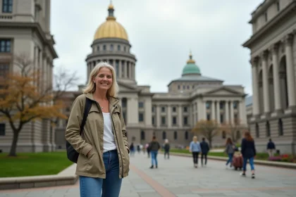 Femme souriante devant le capitole du Minnesota