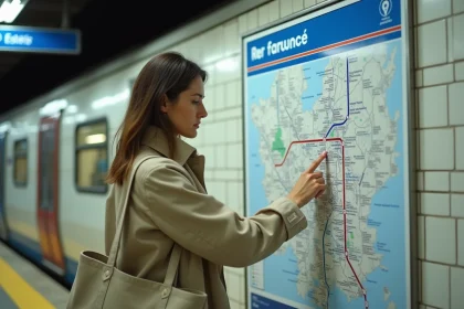 Femme consultant la carte du RER Île-de-France sur le quai d'une station parisienne