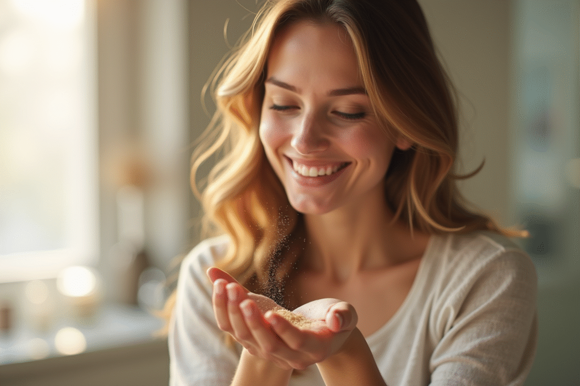 Femme souriante avec cheveux brillants saupoudrant levure de bière