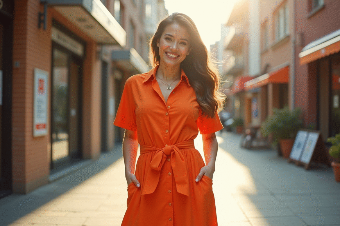 Femme confiante en robe colorée dans la ville ensoleillée