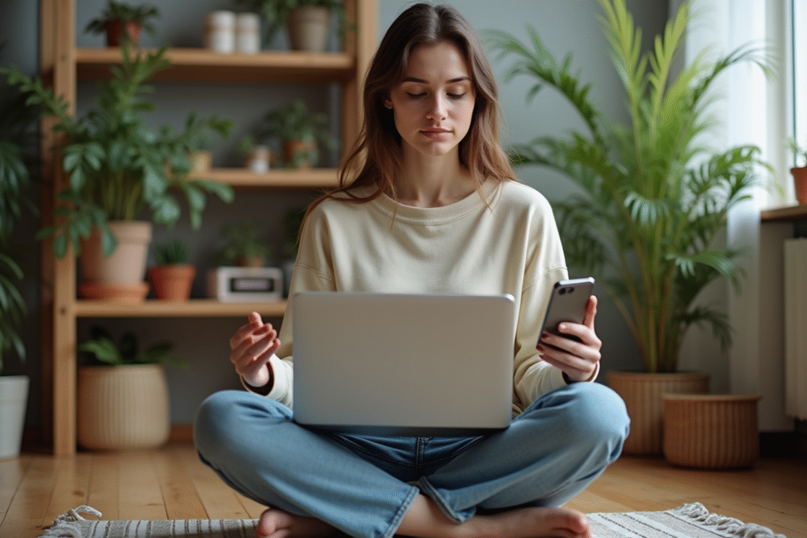 Jeune femme connectant son smartphone à son ordinateur portable