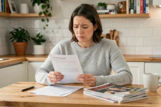 Femme lisant un contrat d'abonnement magazine sur une table en bois avec des magazines empilés autour d'elle