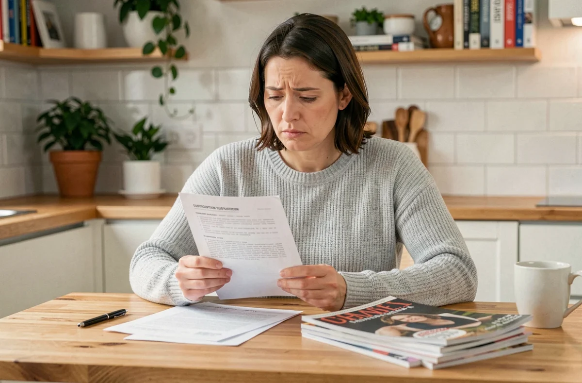 Femme lisant un contrat d'abonnement magazine sur une table en bois avec des magazines empilés autour d'elle