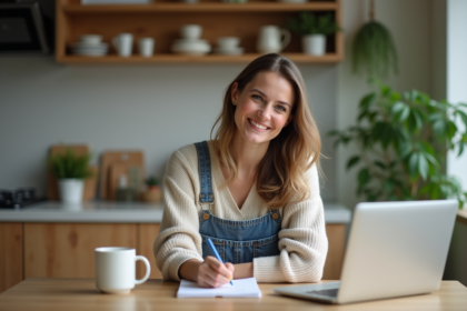 Femme souriante dans sa cuisine moderne et chaleureuse