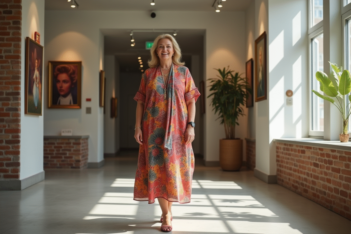 Femme confiante de 60 ans souriante dans une galerie d'art