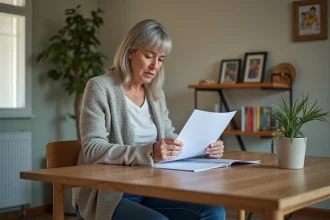 Femme d'âge moyen examinant des documents chez elle avec bracelet électronique