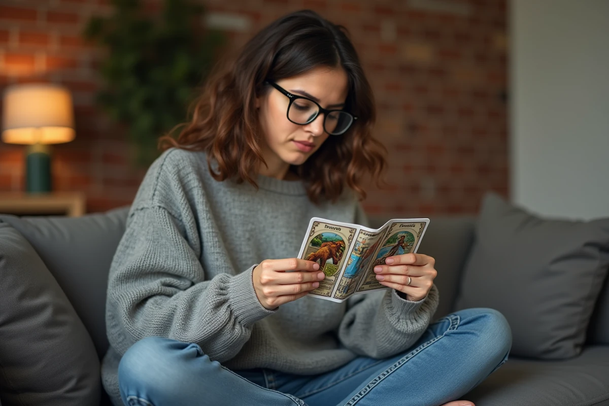 Femme débutante étudiant les cartes clés du jeu de société Aventure Ensemble sur un canapé