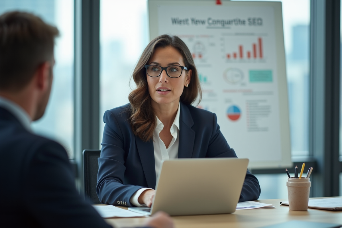 Femme en réunion discutant stratégie SEO avec collègue
