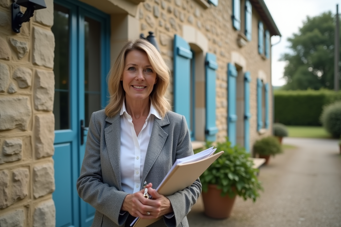 Femme souriante tenant clés devant maison en pierre