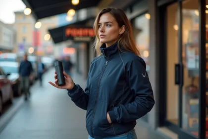 Femme en veste de sport tenant un spray au pepper dans une boutique
