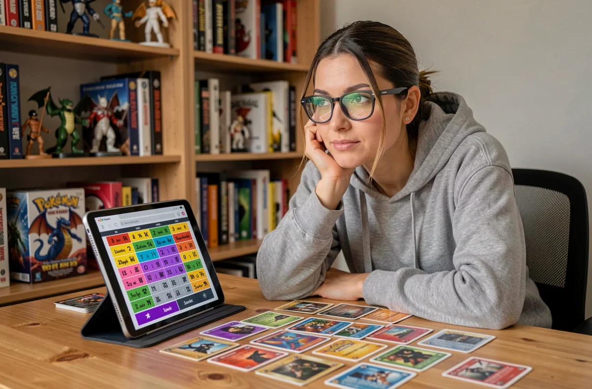 Femme étudiant les faiblesses et résistances du type Dragon Pokémon sur tablette entourée de cartes