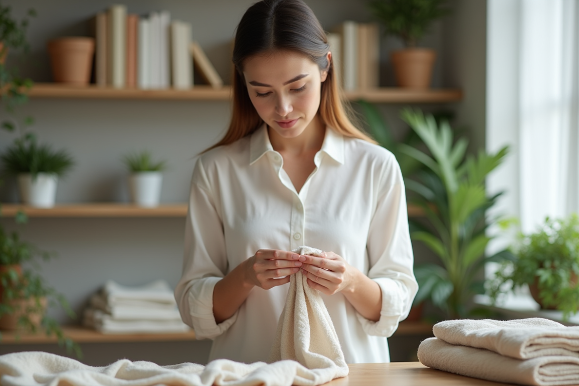 Jeune femme compare tissus coton et viscose à la maison