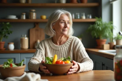 Femme méditative dégustant légumes fermentés dans la cuisine