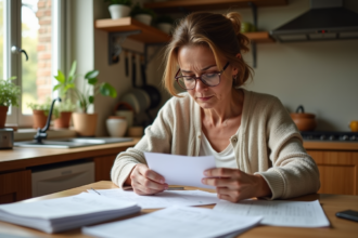 Femme française d'âge moyen examinant des documents fiscaux à la maison