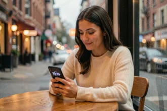 Femme regardant son téléphone affichant 19h19 dans un café, symbolisant la synchronicité amoureuse et les messages de l'univers