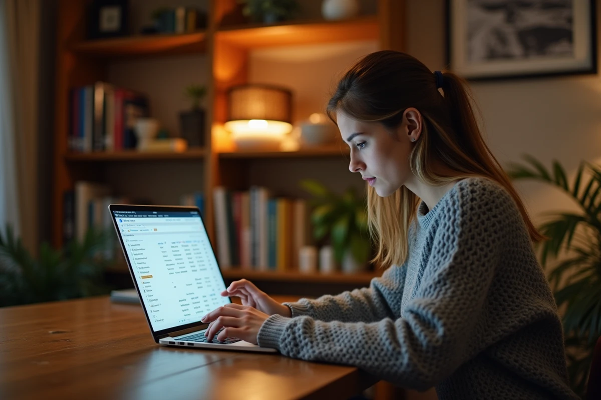 Femme consultant son historique de commandes Amazon sur un ordinateur portable pour gérer sa confidentialité
