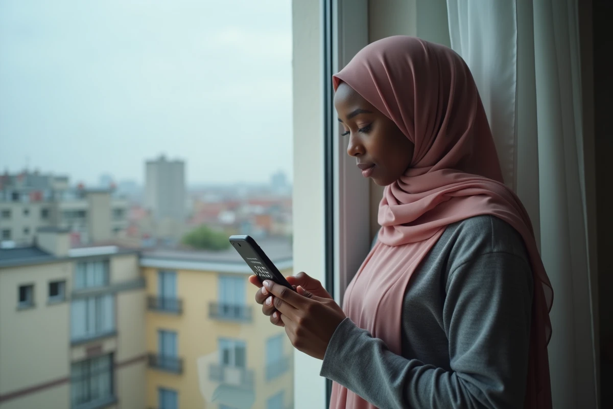 Femme consultant les horaires de prières sur smartphone avec vue urbaine de Bezons