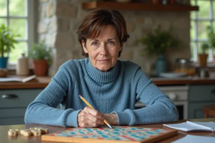 Femme concentrée jouant au Scrabble dans la cuisine