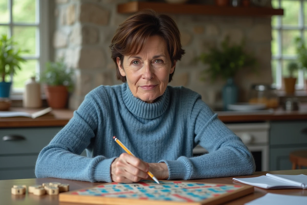 Femme concentrée jouant au Scrabble dans la cuisine