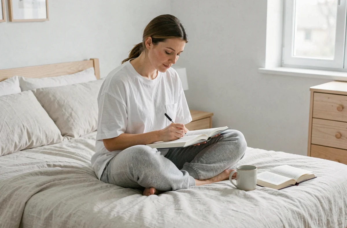 Femme écrivant dans un journal intime sur son lit, explorant les pistes concrètes et synchronicités de l'heure miroir 19h19 en amour