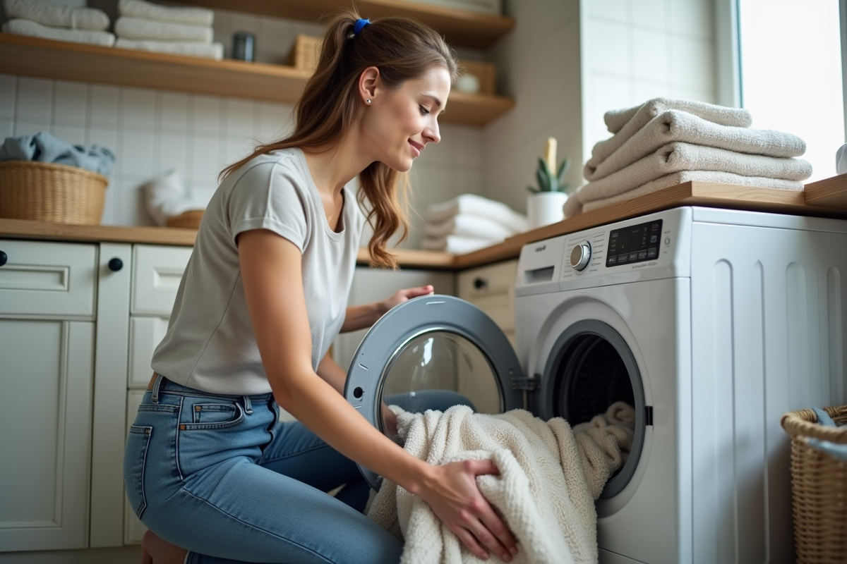 Jeune femme chargeant une machine à laver avec des vêtements d'occasion