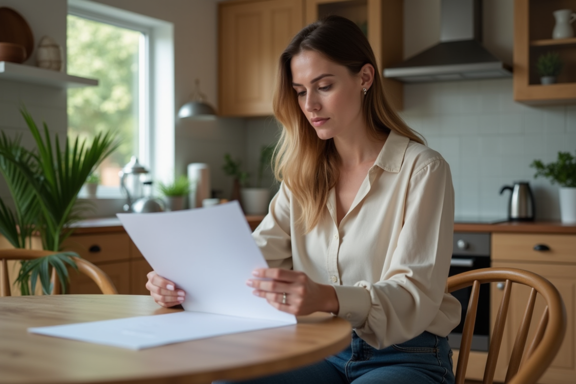 Femme professionnelle consulte brochures familiales dans une cuisine chaleureuse