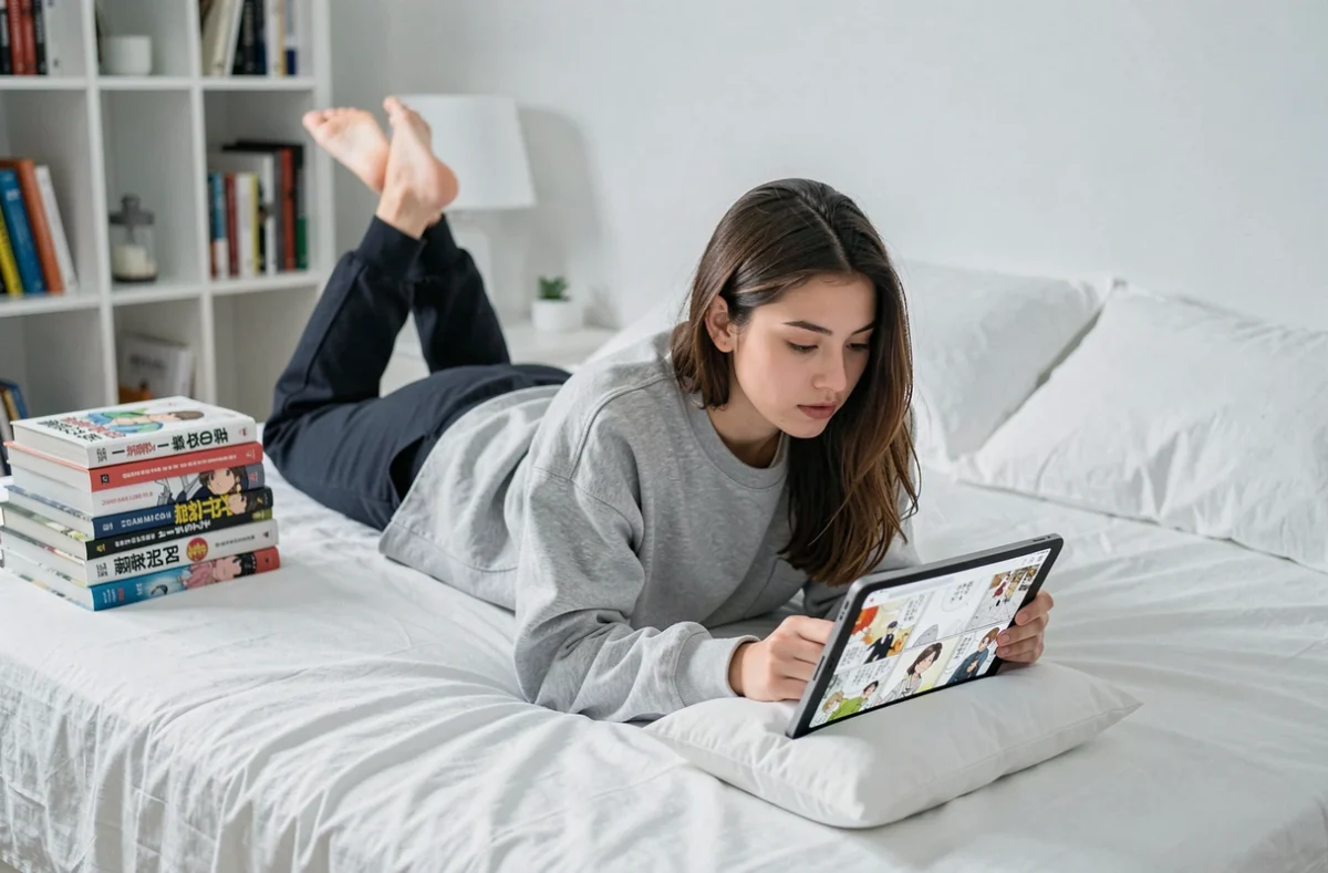 Jeune femme lisant des mangas sur une tablette allongée sur son lit dans une chambre minimaliste