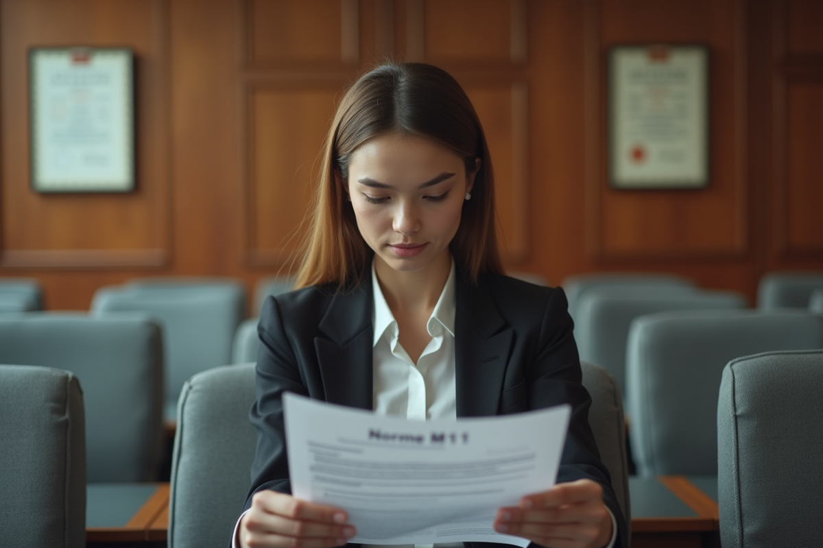 Jeune femme lit une norme dans une salle de réunion élégante