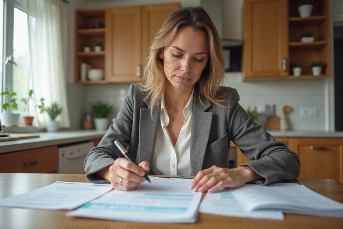 Femme en blazer examinant des documents de prêt immobilier