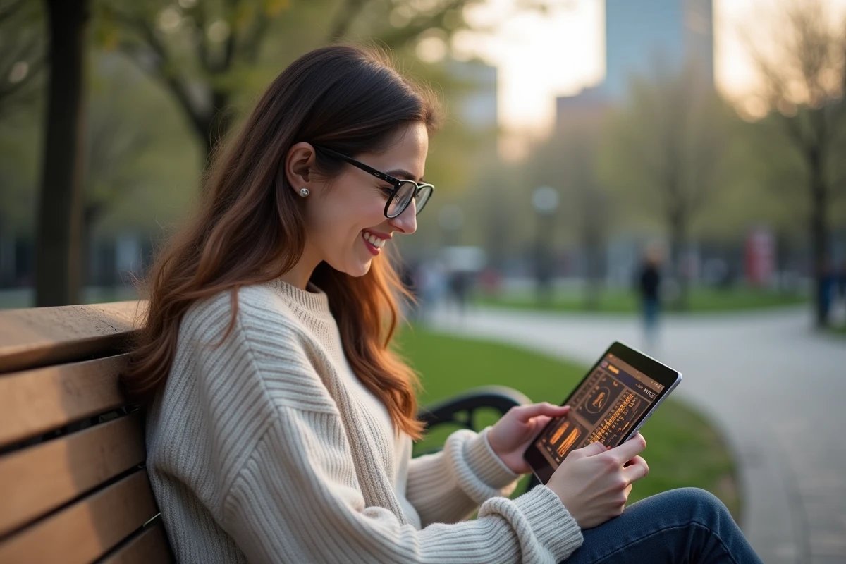 Femme souriante lisant une quête Dofus dans un parc