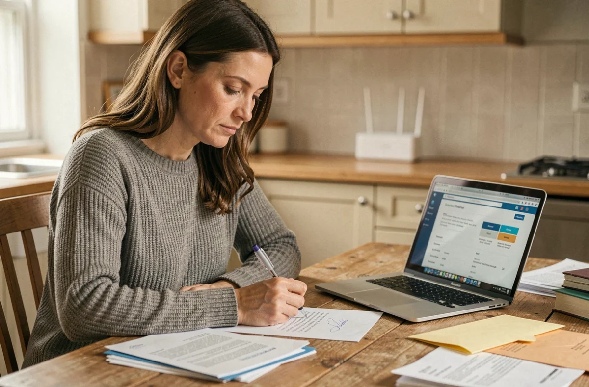 Femme rédigeant une lettre de résiliation SFR box à son bureau avec un ordinateur portable et un routeur en arrière-plan