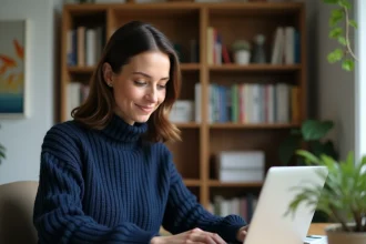 Femme lisant un magazine en ligne sur son ordinateur portable dans un bureau à domicile cosy