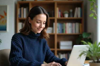 Femme lisant un magazine en ligne sur son ordinateur portable dans un bureau à domicile cosy