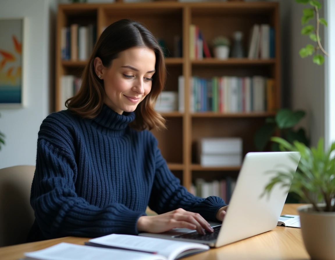 Femme lisant un magazine en ligne sur son ordinateur portable dans un bureau à domicile cosy