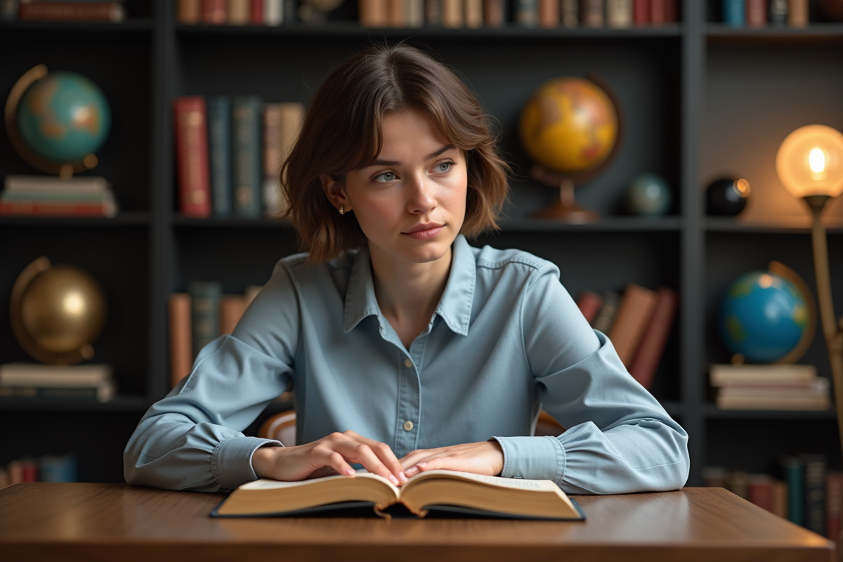 Jeune femme lisant un livre sur la cosmologie en bibliothèque
