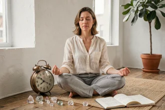 Femme en méditation assise près d'une horloge indiquant 9h09, entourée de cristaux et d'un journal, symbolisant la signification spirituelle de cette heure miroir