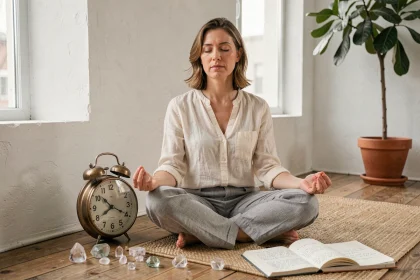Femme en méditation assise près d'une horloge indiquant 9h09, entourée de cristaux et d'un journal, symbolisant la signification spirituelle de cette heure miroir