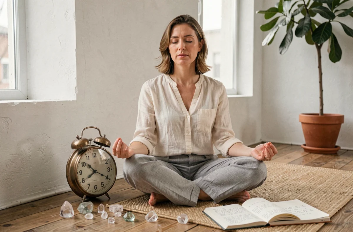 Femme en méditation assise près d'une horloge indiquant 9h09, entourée de cristaux et d'un journal, symbolisant la signification spirituelle de cette heure miroir