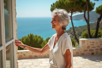 Femme souriante sur terrasse en méditerranée