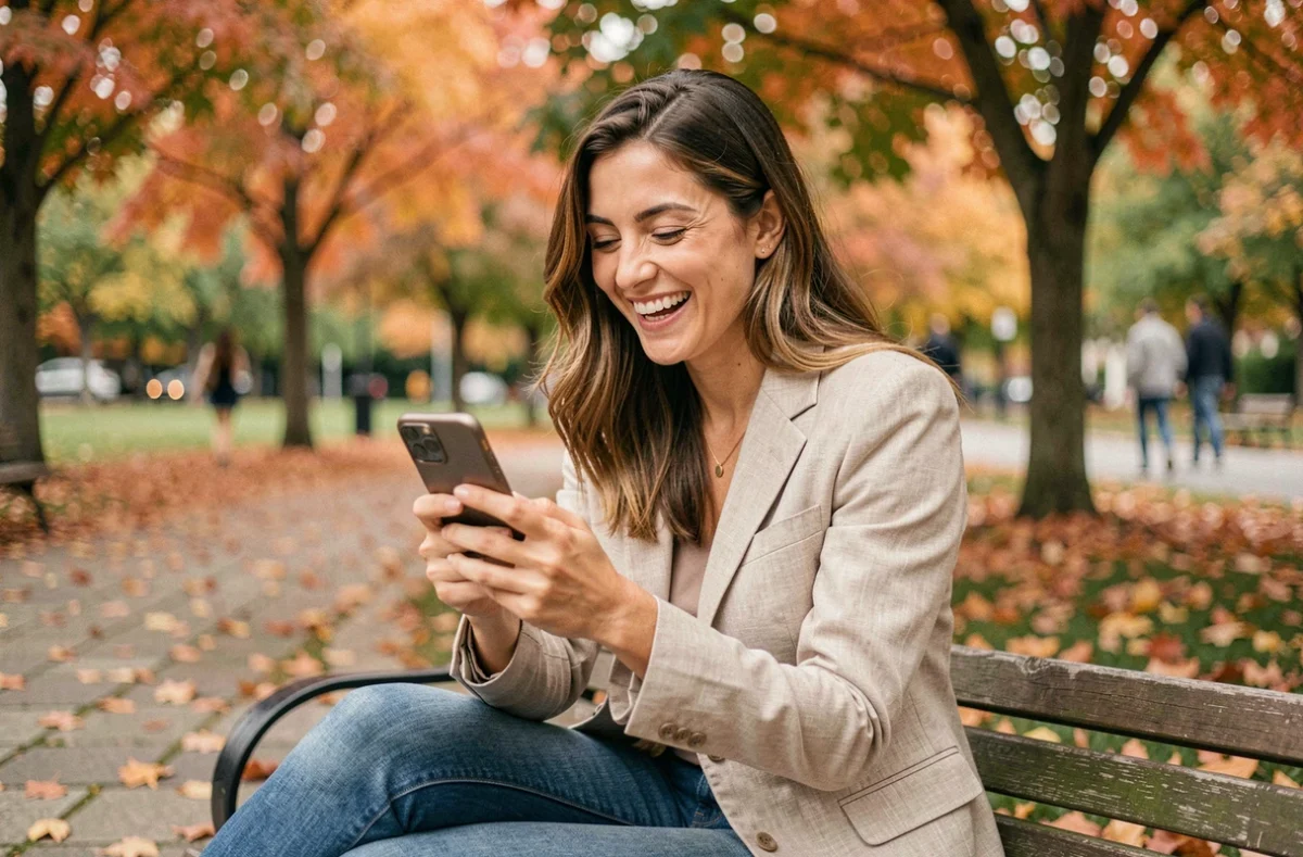 Femme souriante lisant un message sur son téléphone dans un parc en automne, illustrant une rencontre en ligne réussie