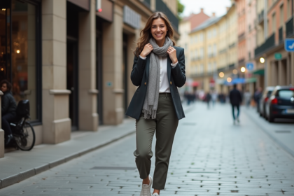 Femme élégante en ville ajustant son foulard