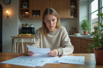 Femme examine ses factures d'électricité à la maison