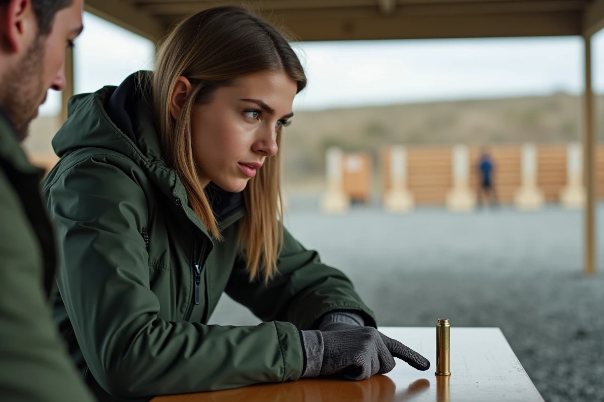 Femme examinant une cartouche au stand de tir extérieur