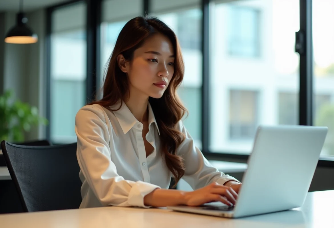 Femme professionnelle analysant sa reputation digitale au bureau