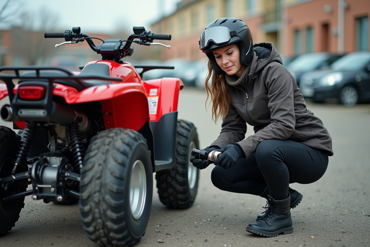 Jeune femme inspectant un échappement de quad en extérieur
