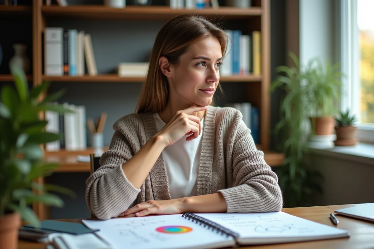 Femme réfléchissant avec équations quantiques dans un bureau lumineux