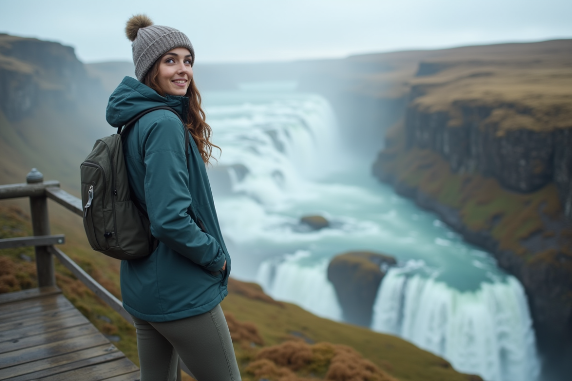 Femme en randonnée devant la cascade de Gullfoss en Islande